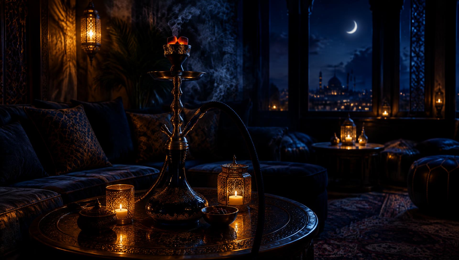 Gemütliche Shisha-Bar-Lounge bei Nacht